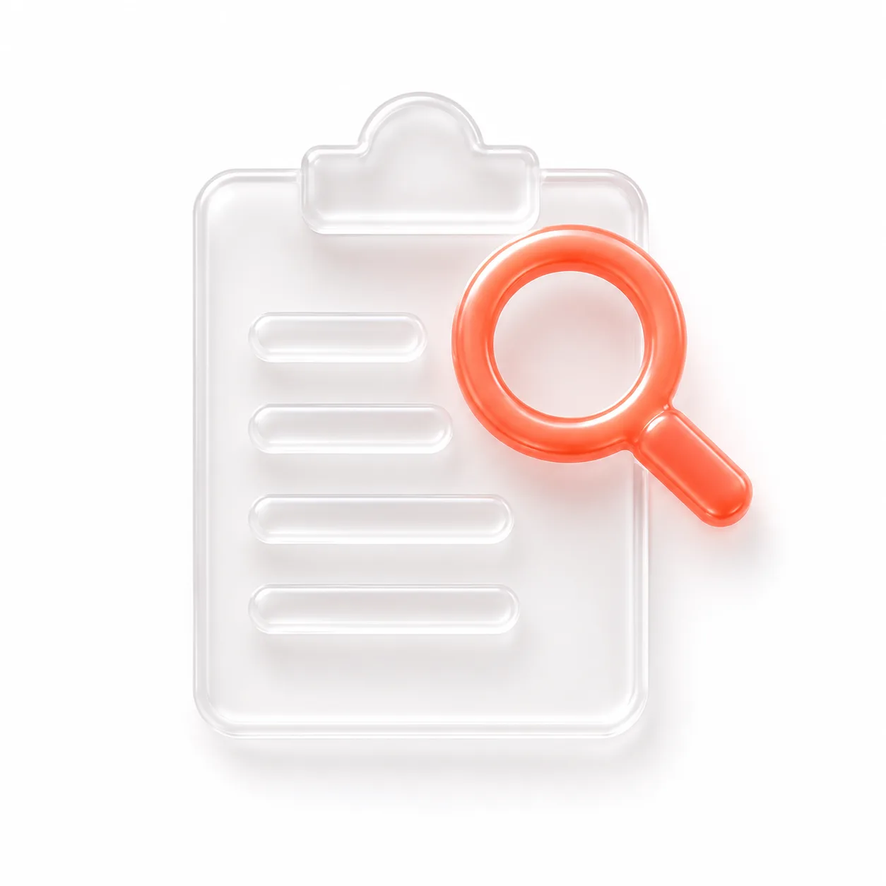 Isometric audit icon: clipboard with magnifier and coral check on light background