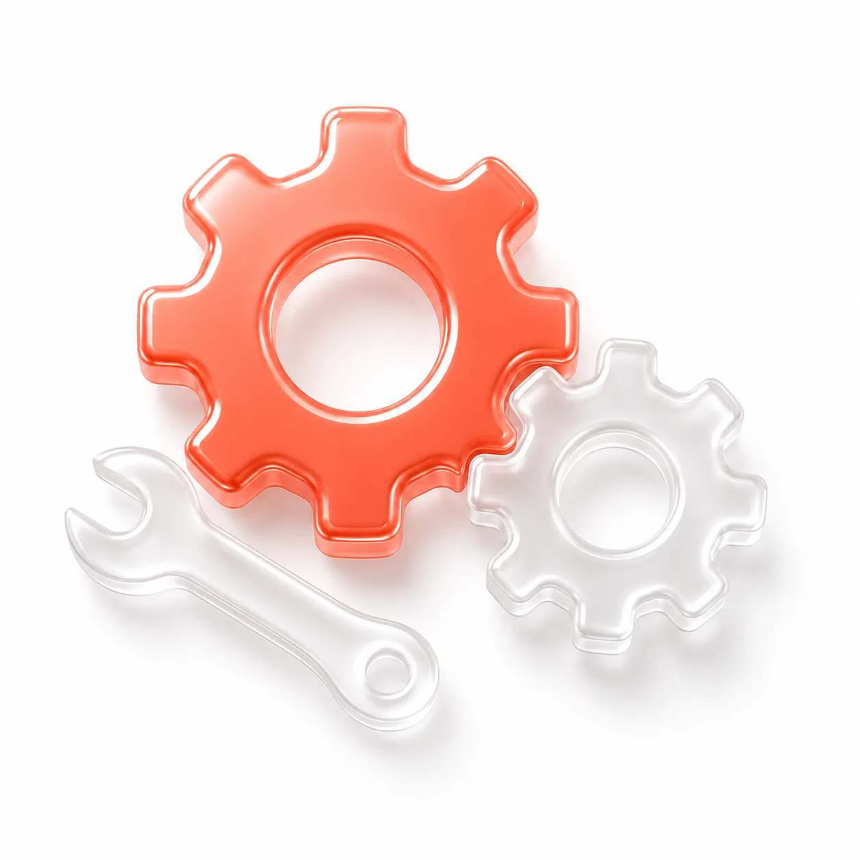 Isometric technical implementation icon: gears, wrench and cloud with coral accent