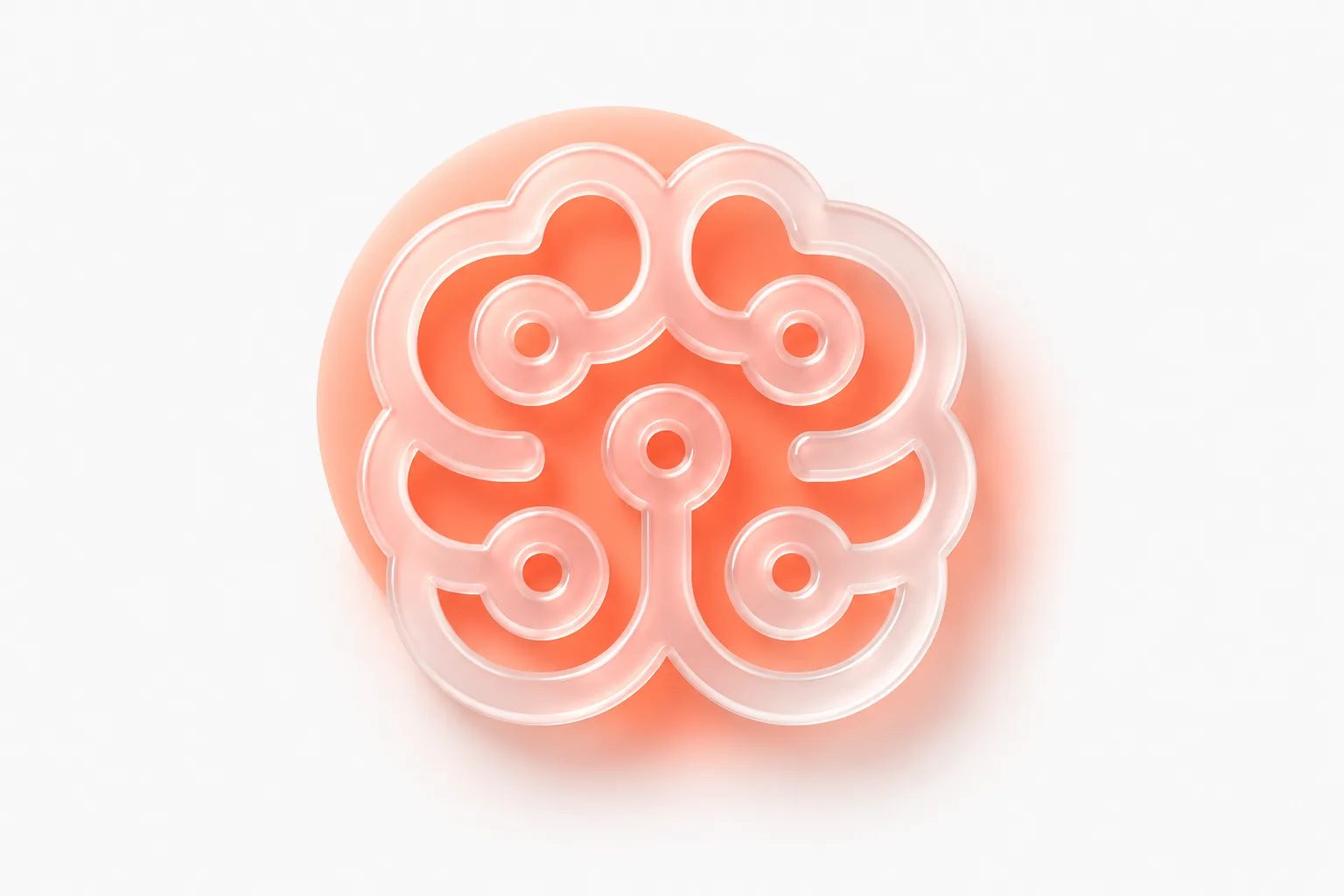 Dark glassmorphism bento illustration: coral node network representing operational AI with assistants and automations