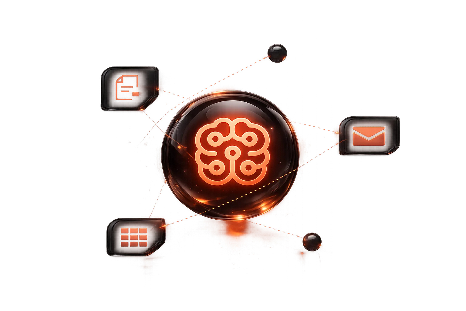 Ilustración isométrica de un cerebro de nodos conectados con tres satélites orbitando, representando IA operativa con base de conocimiento, asistentes y automatizaciones